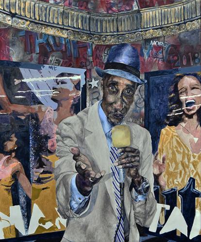 Chee Bravo
“Subway Performers - The Crooner”
Digital collage of seven photos. Mixed media – acrylic, stencils, spray paint
$8,250 plus tax