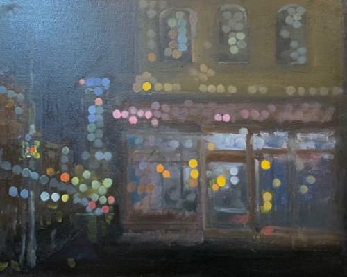 Deb Sinha: “City Lights:  Dixon Deli”. Oil on canvas. 16” x 20”. 2021. $550 plus NJ sales tax. SOLD!