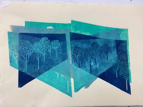 Barbara Seddon. 
“Geometry of Trees (Blue)”. 
Linocut. 
20” x 26”. Framed. 
2021. 
$450 plus tax.