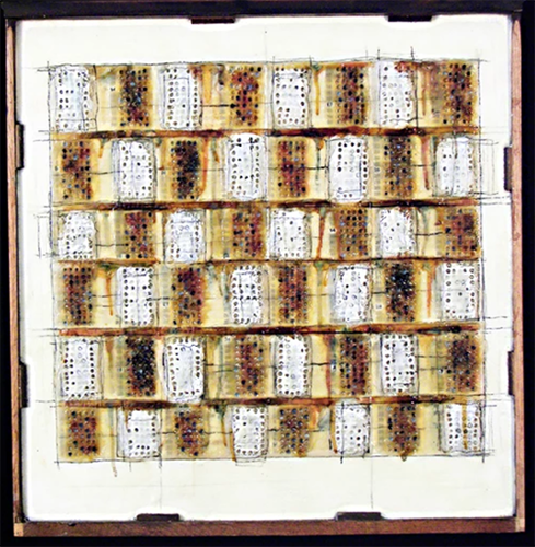Megan Klim
"A Patchwork of Answers"
SAT test prep answer sheets, beeswax, shellac, oil, ink on desk drawer
25" x 24"
$500 plus tax