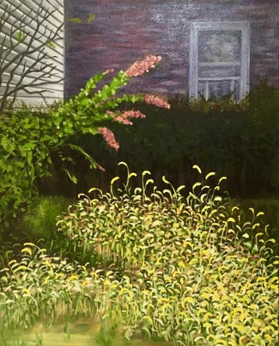 “Webster Avenue Wildflowers”.  
Terry Lively.
Oil on Canvas.
16” x 20”.
$500 plus tax.