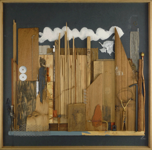 Ellen Burnett
"A January State of Mind"
Mixed Media, including various woods, papers, metals, plastic, feathers, fabric, vinyl, charcoal, wishbone, ceramic
24 1/2" x 24 1/2" x 2 1/2" 
$1,220 plus tax