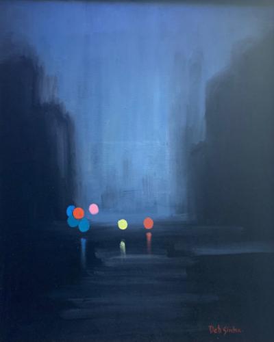 Deb Sinha: “City Lights:  Abstract I”. Oil on canvas. 20” x 16”. 2021. $550 plus NJ sales tax.