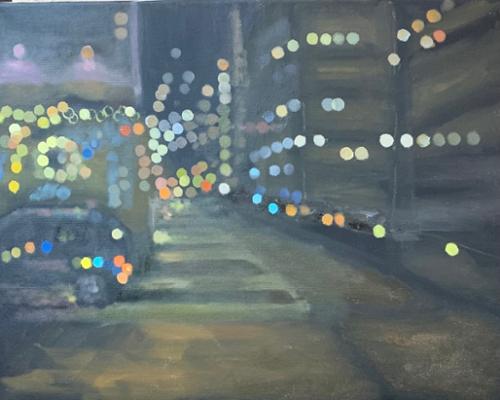 Deb Sinha: “City Lights:  Hudson Hall”. Oil on canvas. 16” x 20”. 2020. $550 plus NJ sales tax.