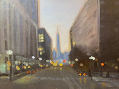 Deb Sinha: “City Lights:  IX (WTC)”. Oil on canvas. 20” x 24”. 2020. $900 plus NJ sales tax.