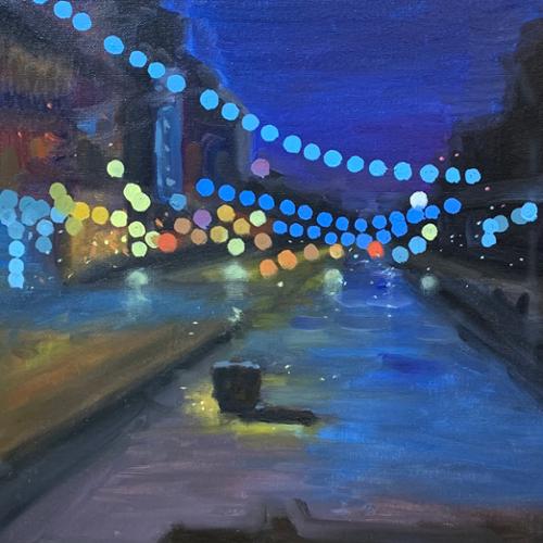 Deb Sinha: “City Lights:  Newark Ave II”. Oil on canvas. 14” x 14”. 2021. SOLD
