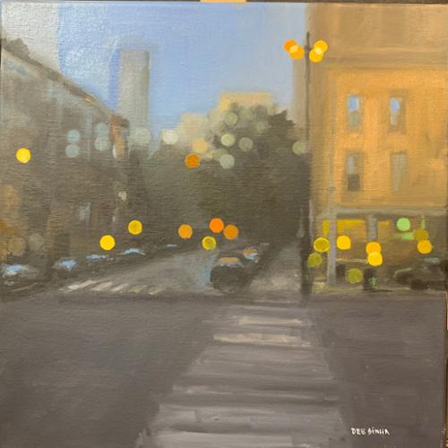 Deb Sinha: “City Lights:  Step Kitchen”. Oil on canvas. 14” x 14”. 2021. $350 plus NJ sales tax.