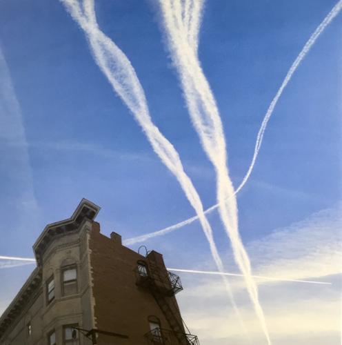 “Sister Contrails Over Hoboken”.  
Tim Daley.
Acrylic on Canvas.
48” x 48” Framed.
$9,000 plus tax.