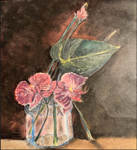 Diana Gonzalez. "Cup of Blooms".  Acrylic on canvas. 9" x 11". $150 plus tax.