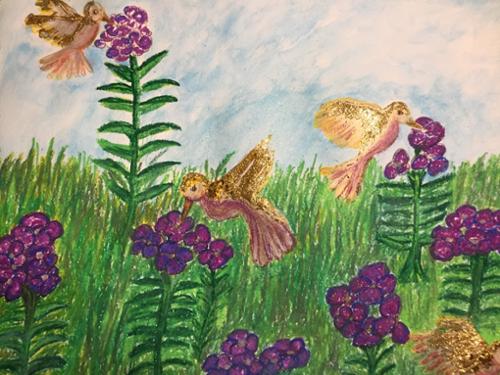 Hope Taylor.  "Nature’s Unity". Oil pastels, watercolor and glitter. 18” x 24”. $150 plus tax.