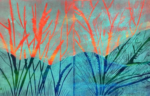 Barbara Seddon. 
“Sunset Grasses”. 
Linocut over acrylic painting. 
18” x 24”. Framed. 
2020. 
$550 plus tax.