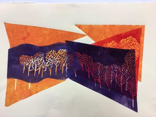 Barbara Seddon.
“Geometry of Trees (Orange)”. 
Linocut, 
18” x 24”. 
Framed. 
2021. 
$450 plus tax.