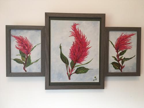 Joan Kelly.  "The Dance of the Celosia". Acrylic on Canvas.	11 3/4" x 20 3/4". $1,000 plus sales tax.