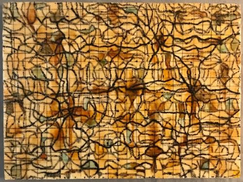 “Crossroads”.  
Megan Klim.
Encaustic, ink, oil, shellac on wood.
18” x 24”.
$475 plus tax.
