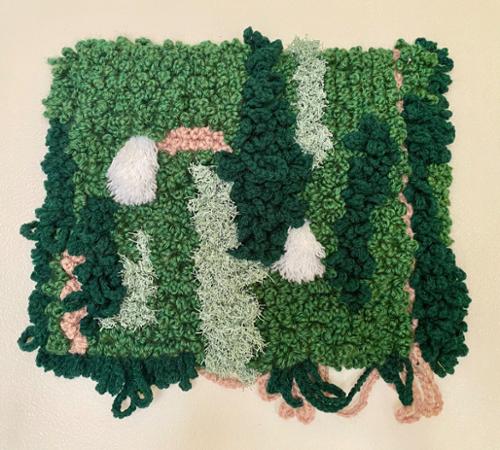 Stephanie Romano. "Verdant". Yarn. 14” x 16”. $400 plus tax.